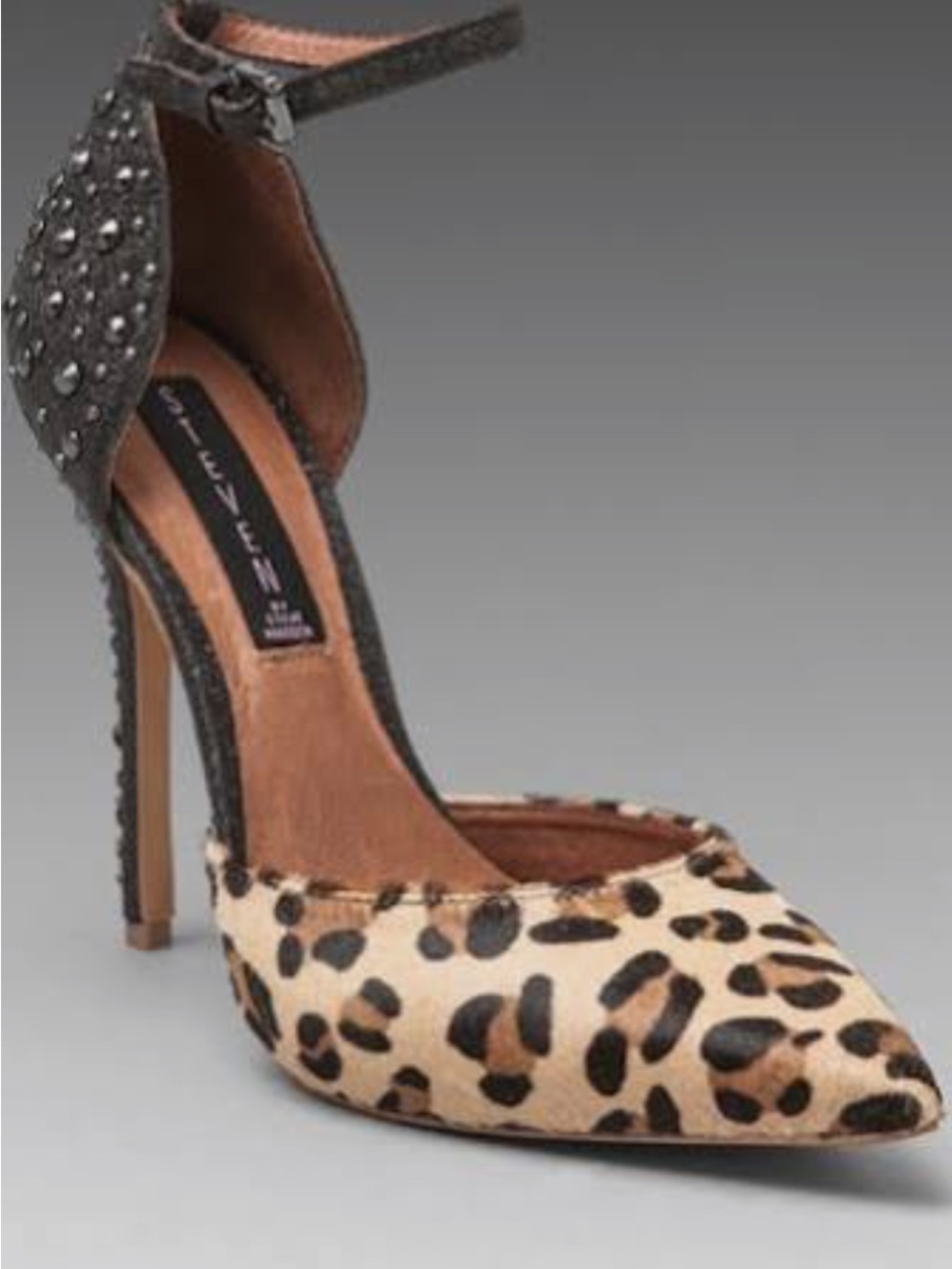 Steve Madden Leopard Print Pointed Ankle-Strap Pump with Stud Detail